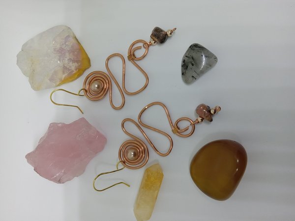 Copper Earrings with Rhodonite