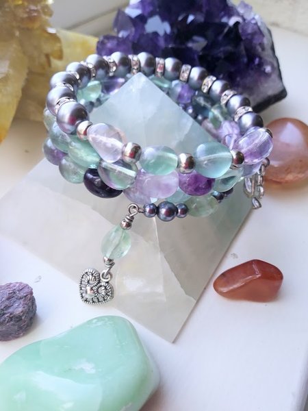 Fluorite and Amethyst Silver Tone Bracelet